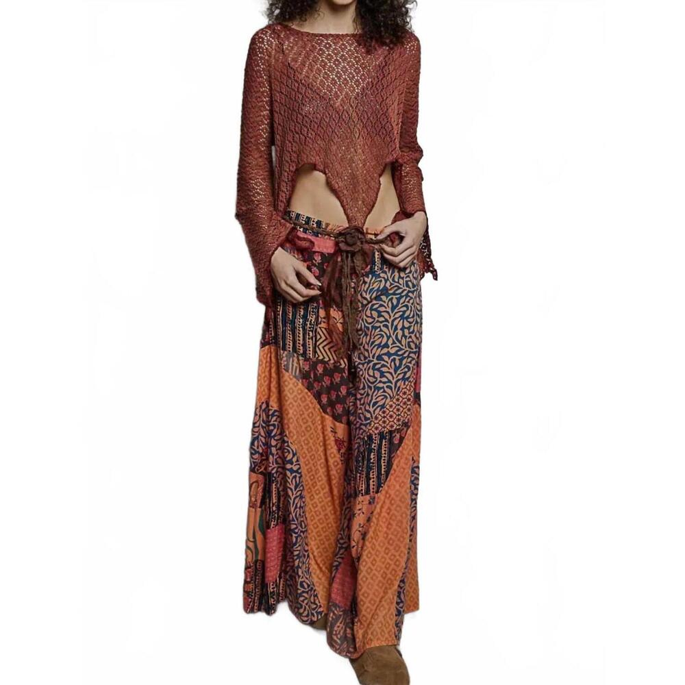 POL Boho Wide Leg Patchwork Pants in Rust, Orange & Navy